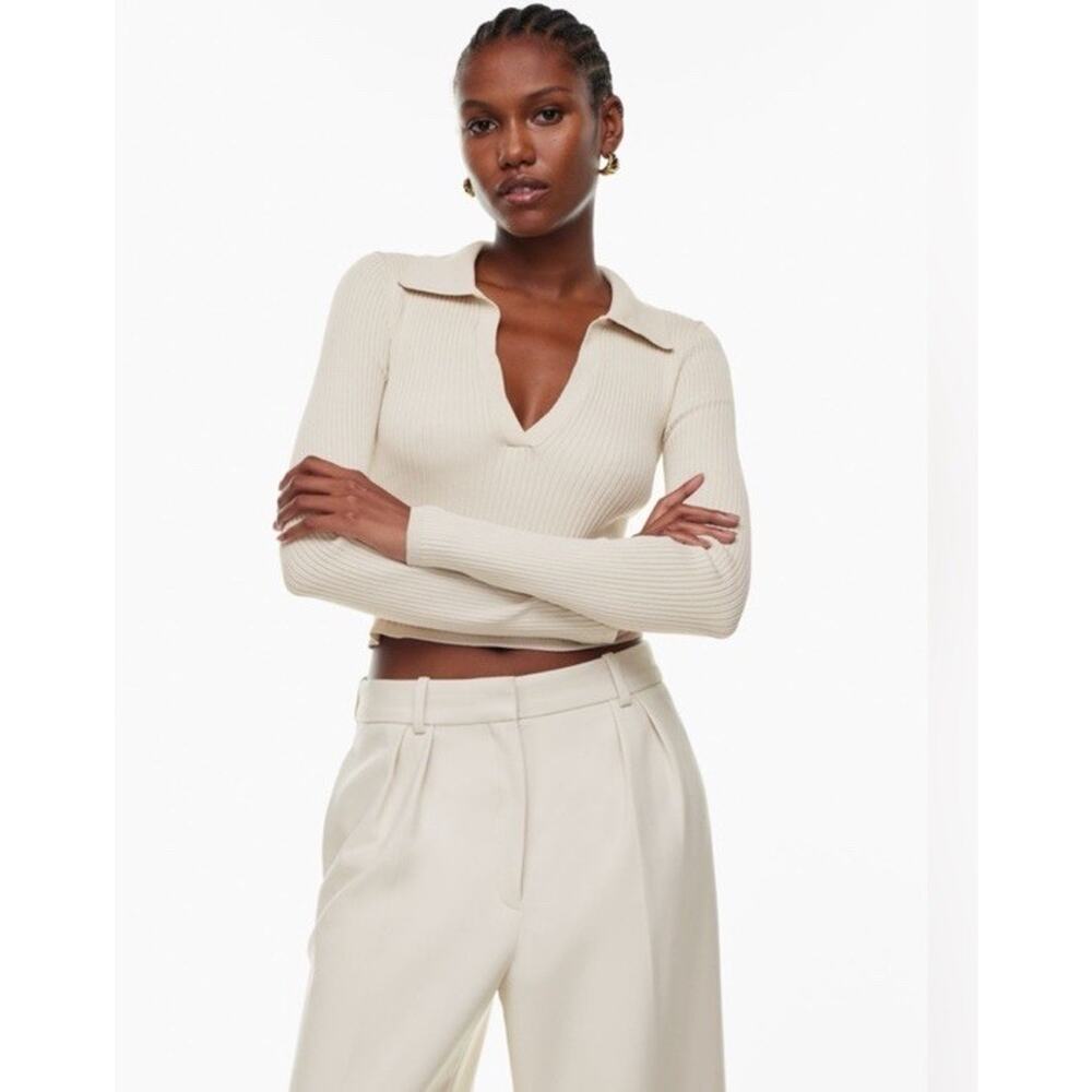 Aritzia Babaton Sculpt Knit Polo‎ M Matte Pearl Ribbed Long Sleeve Neutral Clean